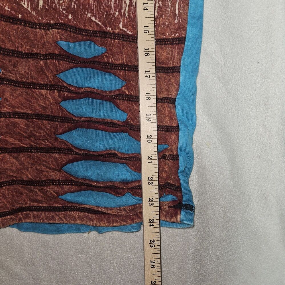 Womens XS Distresed Short Sleeve Top Brown Blue Grunge Boho Hippie 100% Cotton - Picture 6 of 7